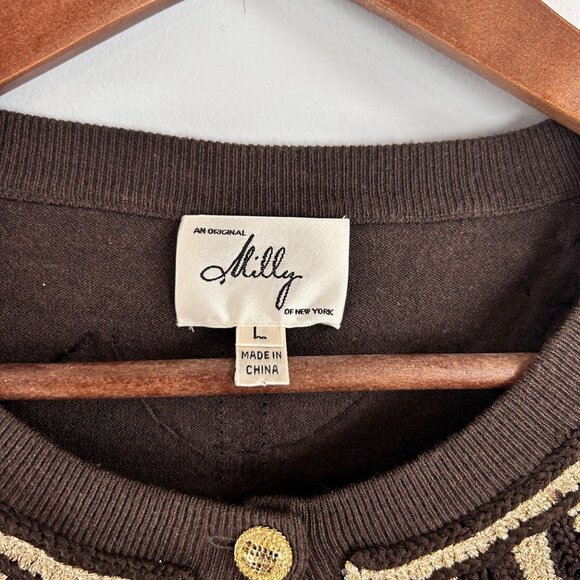 Milly of New York Cardigan Sweater Large Brown Silk Gold Crochet Embroidery Chic - Picture 8 of 15